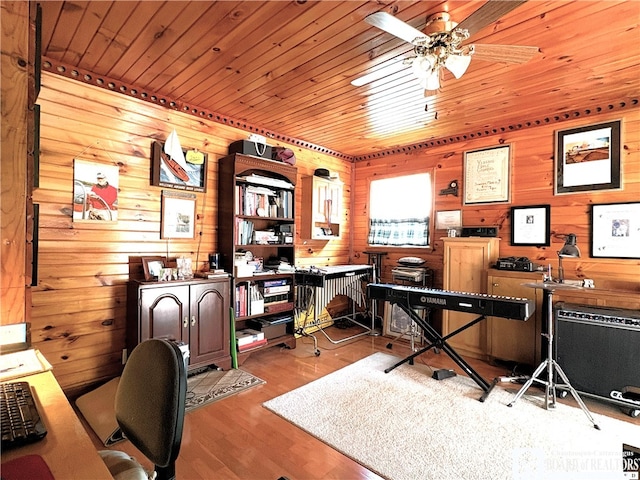 2411 Lakeside Dr, Busti, NY 14710 - office featuring ceiling fan, wood ceiling, wooden walls, and wood finished floors