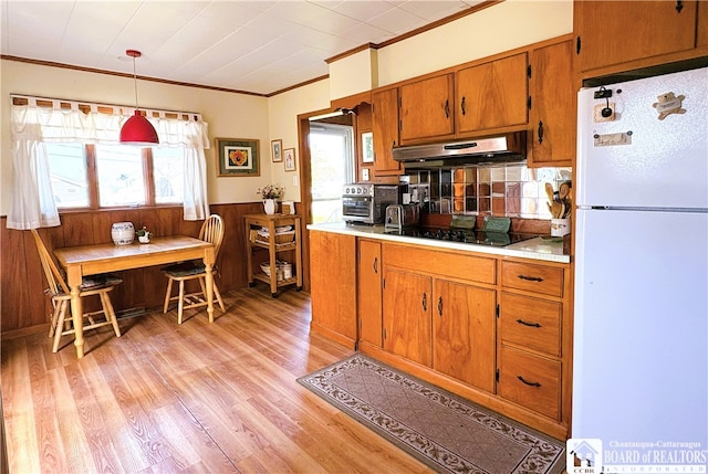 2411 Lakeside Dr, Busti, NY 14710 - kitchen with freestanding refrigerator, black electric stovetop, under cabinet range hood, crown molding, and brown cabinets