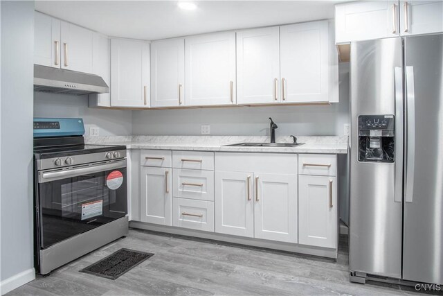 8430 Willow St, Le Ray, NY 13637 - kitchen with stainless steel appliances, under cabinet range hood, light wood-style floors, white cabinetry, and light stone countertops