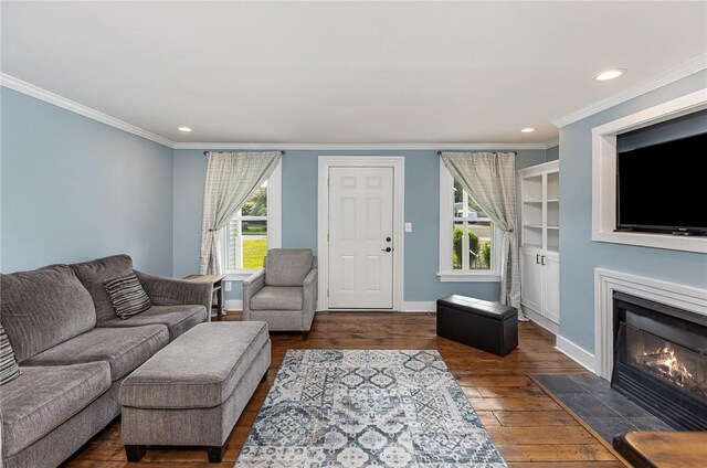 351 Jefferson Ave, Perinton, NY 14450 - living room featuring ornamental molding, wood-type flooring, a fireplace with flush hearth, and recessed lighting