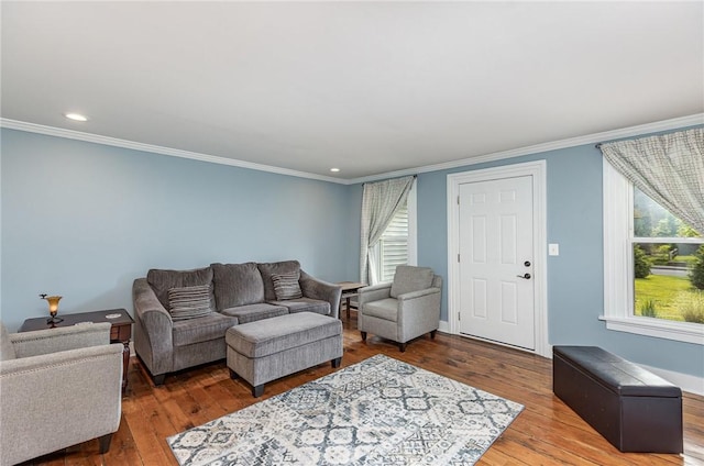 351 Jefferson Ave, Perinton, NY 14450 - living area featuring healthy amount of natural light, ornamental molding, hardwood / wood-style floors, and recessed lighting