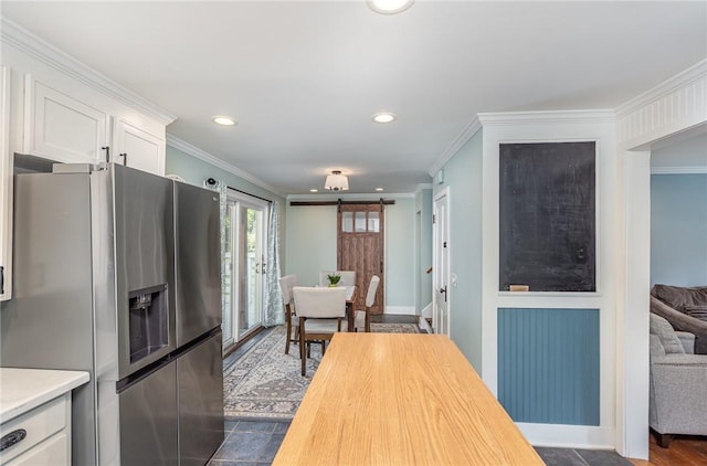 351 Jefferson Ave, Perinton, NY 14450 - kitchen with stainless steel fridge with ice dispenser, crown molding, white cabinets, recessed lighting, and butcher block countertops