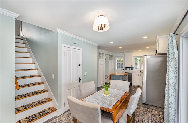 351 Jefferson Ave, Perinton, NY 14450 - dining room with stairs, recessed lighting, ornamental molding, and dark wood finished floors