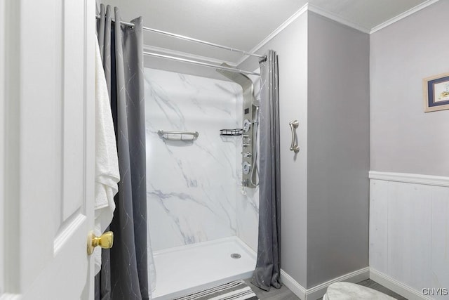 7118 Glass Factory Rd, Trenton, NY 13354 - bathroom with ornamental molding and a marble finish shower