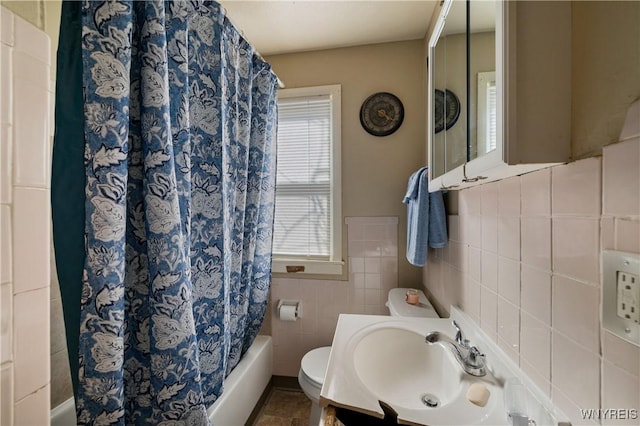 2320 Niagara St, Niagara Falls, NY 14303 - bathroom with tile walls, shower / tub combo with curtain, and vanity