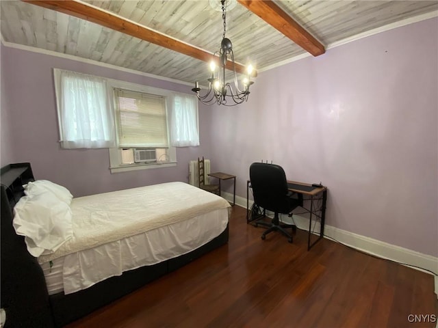19 Genesee Ct Unit 19, Utica, NY 13502 - bedroom with a wood ceiling with exposed beams, wood finished floors, a chandelier, radiator, and cooling unit