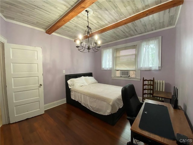 19 Genesee Ct Unit 19, Utica, NY 13502 - bedroom featuring a wood ceiling with exposed beams, a chandelier, dark wood finished floors, cooling unit, and radiator