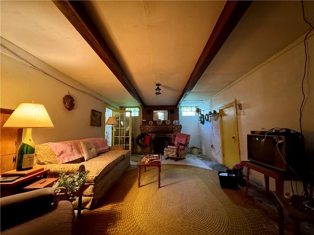 28 Mckune Ave, Foster-Town, PA 16701 - living room with a brick fireplace, beam ceiling, and carpet flooring