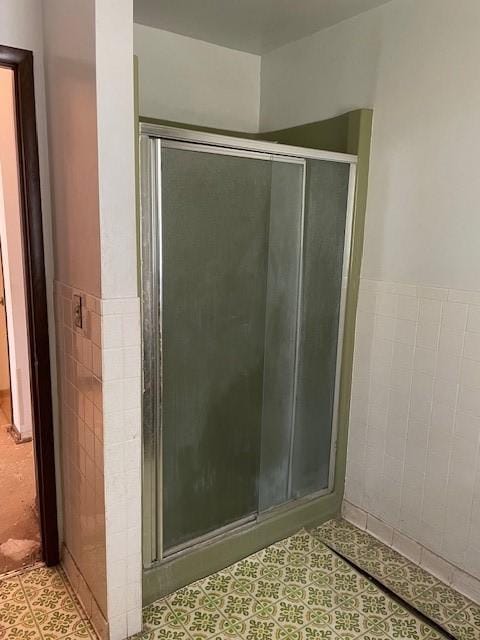 824 Franklin St, Skaneateles, NY 13152 - full bath with tile walls, a stall shower, a wainscoted wall, and tile patterned floors