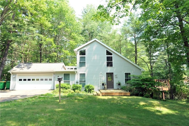 106 Weston Ln, Erwin, NY 14870 - view of front facade featuring a garage, driveway, a front yard, view of scattered trees, and a wooden deck
