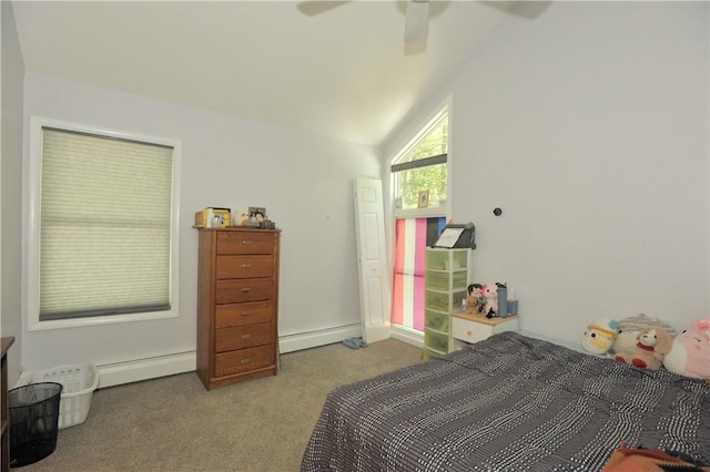 106 Weston Ln, Erwin, NY 14870 - bedroom featuring a baseboard heating unit, carpet, lofted ceiling, and a ceiling fan