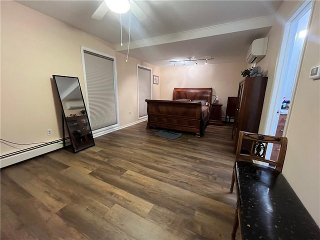 106 Weston Ln, Erwin, NY 14870 - bedroom featuring an AC wall unit, a baseboard radiator, wood finished floors, track lighting, and a ceiling fan