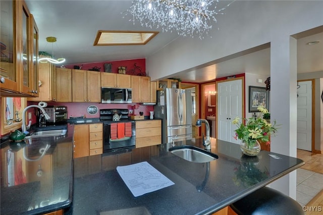 21157 Home St, Alexandria, NY 13607 - kitchen featuring appliances with stainless steel finishes, dark countertops, glass insert cabinets, and high vaulted ceiling