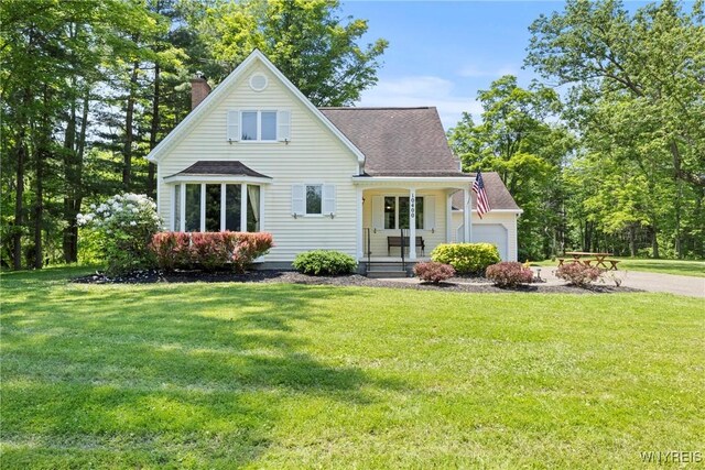 10400 Springville Boston Rd, Concord, NY 14141 - rear view of house featuring a chimney, roof with shingles, a lawn, an attached garage, and a porch