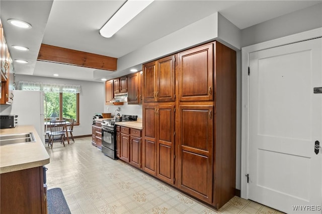 10400 Springville Boston Rd, Concord, NY 14141 - kitchen featuring black / electric stove, light countertops, recessed lighting, light flooring, and under cabinet range hood
