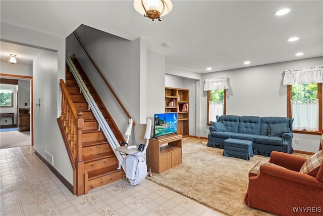 10400 Springville Boston Rd, Concord, NY 14141 - living room with stairway, recessed lighting, light flooring, and light colored carpet