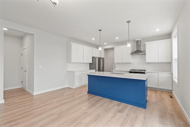 4835 Lepinske Farm Pl, Clay, NY 13041 - kitchen with appliances with stainless steel finishes, wall chimney exhaust hood, light countertops, light wood-style flooring, and tasteful backsplash