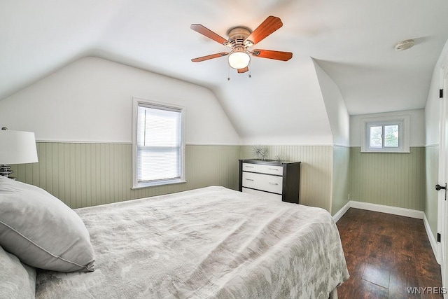 235 Koenig Rd, Tonawanda-Town, NY 14150 - bedroom featuring hardwood / wood-style floors, wainscoting, vaulted ceiling, and a ceiling fan