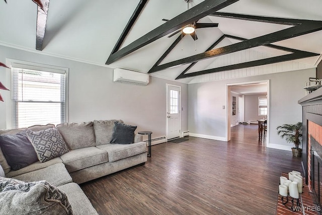 235 Koenig Rd, Tonawanda-Town, NY 14150 - living area featuring a wall unit AC, baseboard heating, beam ceiling, wood finished floors, and a ceiling fan