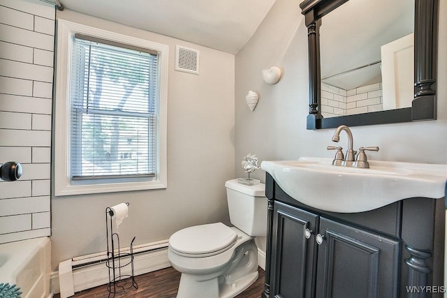 235 Koenig Rd, Tonawanda-Town, NY 14150 - bathroom with a baseboard radiator, vanity, wood finished floors, lofted ceiling, and bathing tub / shower combination