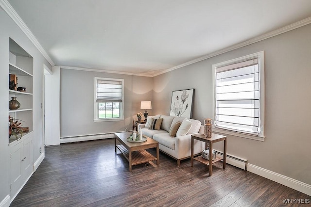 235 Koenig Rd, Tonawanda-Town, NY 14150 - living area featuring baseboard heating, crown molding, dark wood-style flooring, and built in shelves