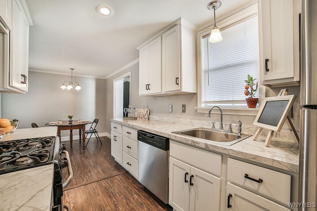 235 Koenig Rd, Tonawanda-Town, NY 14150 - kitchen with appliances with stainless steel finishes, white cabinets, dark wood-style flooring, pendant lighting, and ornamental molding