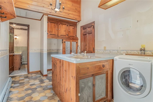285 Panorama, Penfield, NY 14625 - laundry area featuring washer / dryer, baseboard heating, wainscoting, and cabinet space