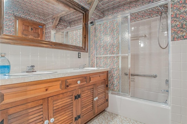 285 Panorama, Penfield, NY 14625 - full bathroom with double vanity, enclosed tub / shower combo, decorative backsplash, and wallpapered walls