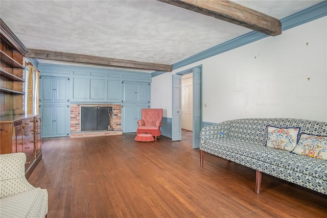 285 Panorama, Penfield, NY 14625 - living area with dark wood-type flooring, a fireplace, beamed ceiling, and ornamental molding