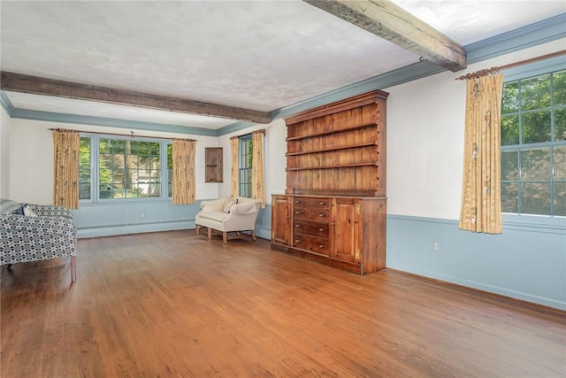 285 Panorama, Penfield, NY 14625 - sitting room with a baseboard heating unit, beam ceiling, wood finished floors, plenty of natural light, and ornamental molding