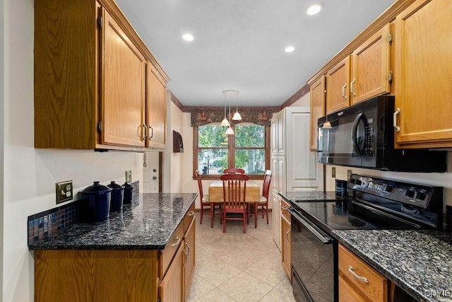 5810 Nobleton Cir, Onondaga, NY 13078 - kitchen with black appliances, dark stone countertops, brown cabinets, recessed lighting, and decorative light fixtures