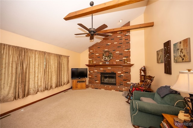 74 N Castlerock Ln, Amherst, NY 14051 - carpeted living room featuring ceiling fan, high vaulted ceiling, beam ceiling, and a brick fireplace