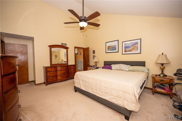 74 N Castlerock Ln, Amherst, NY 14051 - bedroom with light carpet, high vaulted ceiling, and a ceiling fan