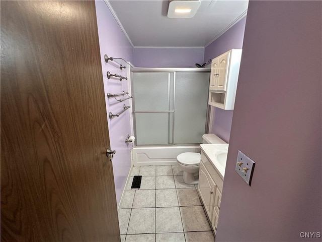 8071 Evesborough Dr, Clay, NY 13041 - full bath featuring ornamental molding, vanity, enclosed tub / shower combo, and tile patterned floors