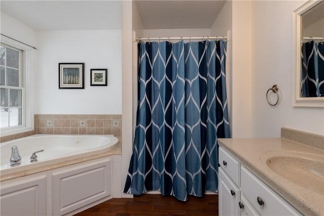 6270 Wolf Run Rd, Campbell, NY 14821 - full bath with vanity, a bath, wood finished floors, and a shower with curtain
