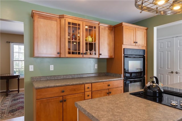 6270 Wolf Run Rd, Campbell, NY 14821 - kitchen with black appliances and glass insert cabinets
