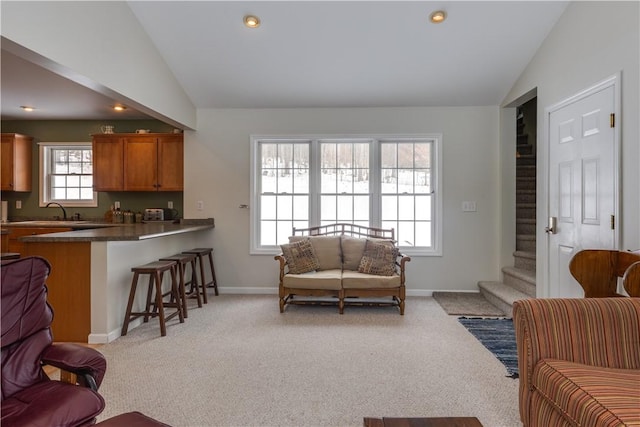 6270 Wolf Run Rd, Campbell, NY 14821 - living room with vaulted ceiling, light carpet, stairs, and recessed lighting