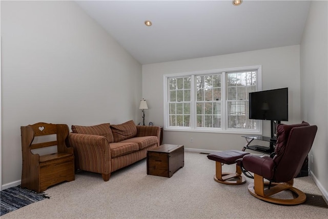 6270 Wolf Run Rd, Campbell, NY 14821 - living room with light carpet, vaulted ceiling, and recessed lighting