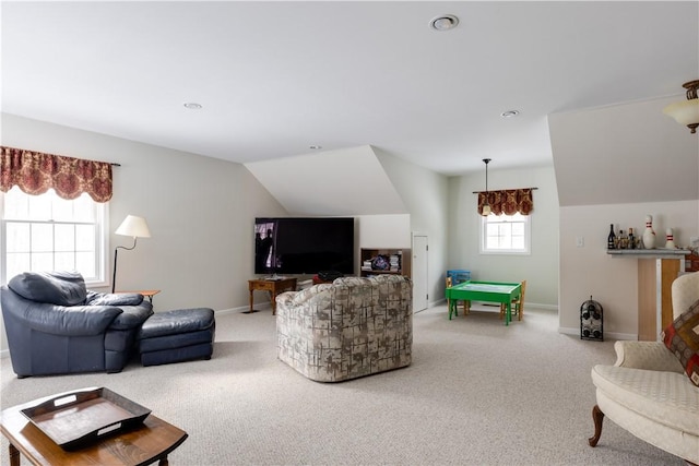 6270 Wolf Run Rd, Campbell, NY 14821 - living room with carpet, lofted ceiling, and recessed lighting
