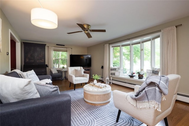 151 Chapel Hill Dr, Irondequoit, NY 14617 - living room featuring wood finished floors, ceiling fan, and baseboard heating