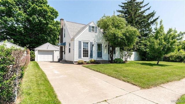 610 Huth Rd, Cheektowaga, NY 14225 - view of front of house featuring an outdoor structure, a chimney, entry steps, a garage, and a front lawn