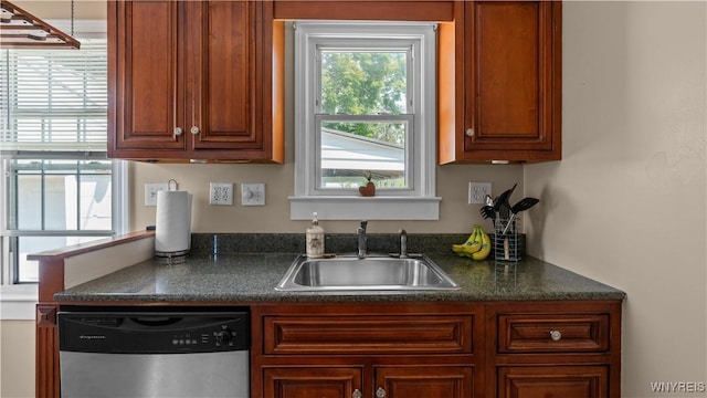 610 Huth Rd, Cheektowaga, NY 14225 - kitchen featuring stainless steel dishwasher, dark countertops, and brown cabinetry