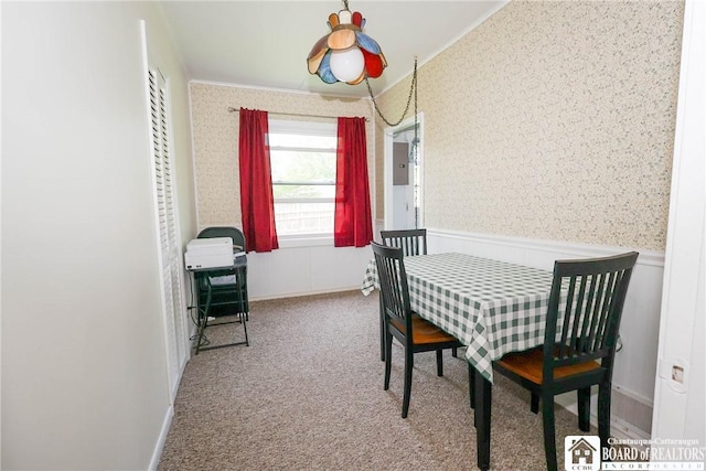 103 Springdale Ave, Jamestown, NY 14701 - dining space with wallpapered walls, carpet flooring, a wainscoted wall, and crown molding