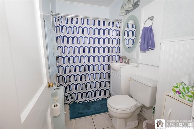 103 Springdale Ave, Jamestown, NY 14701 - full bath with curtained shower, tile patterned flooring, vanity, wainscoting, and crown molding