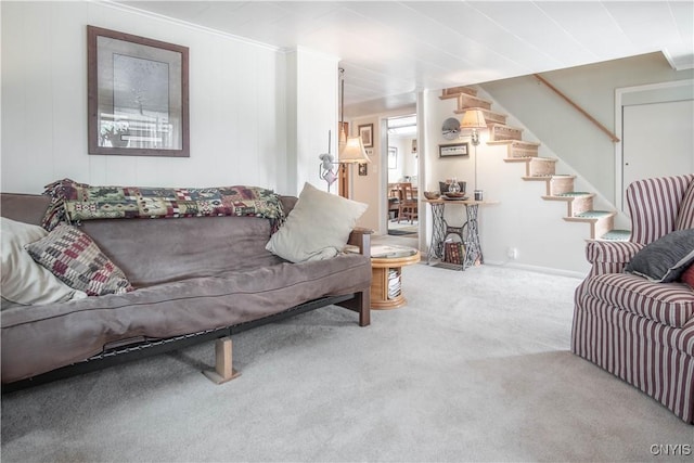 225 Breen Ave, Watertown-City, NY 13601 - living room featuring carpet floors, stairway, and ornamental molding
