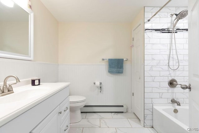 13 Berrywood Rd, Clay, NY 13090 - bathroom featuring baseboard heating, marble finish flooring, vanity, a wainscoted wall, and shower / bathtub combination
