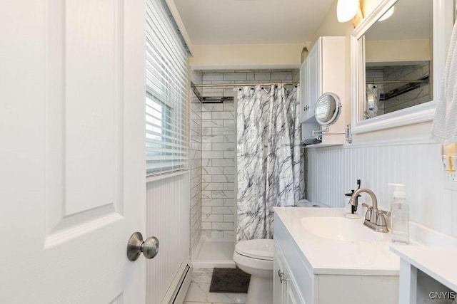 13 Berrywood Rd, Clay, NY 13090 - full bathroom with vanity, a baseboard heating unit, a tile shower, a wainscoted wall, and tile patterned floors