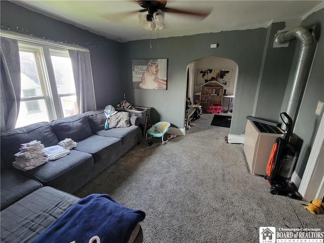 116 Park St, Jamestown, NY 14701 - carpeted living room with arched walkways and ceiling fan