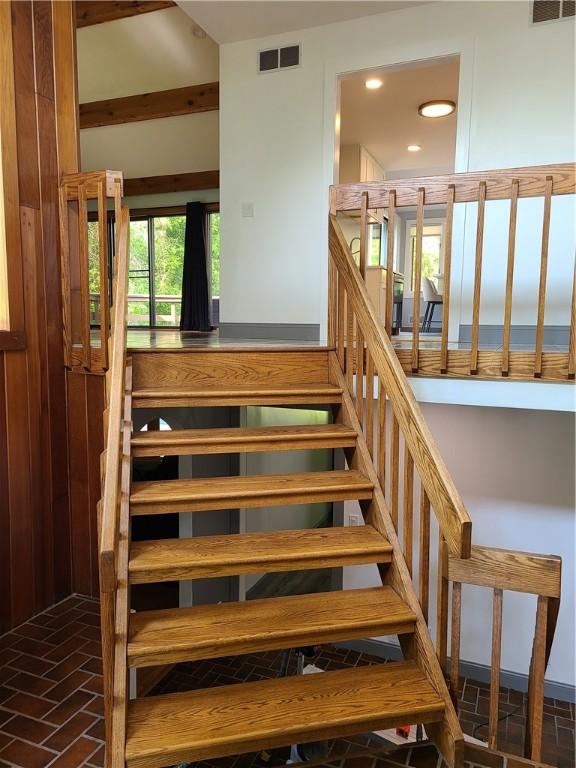 1324 New Seabury Ln, Victor, NY 14564 - staircase with brick flooring and recessed lighting