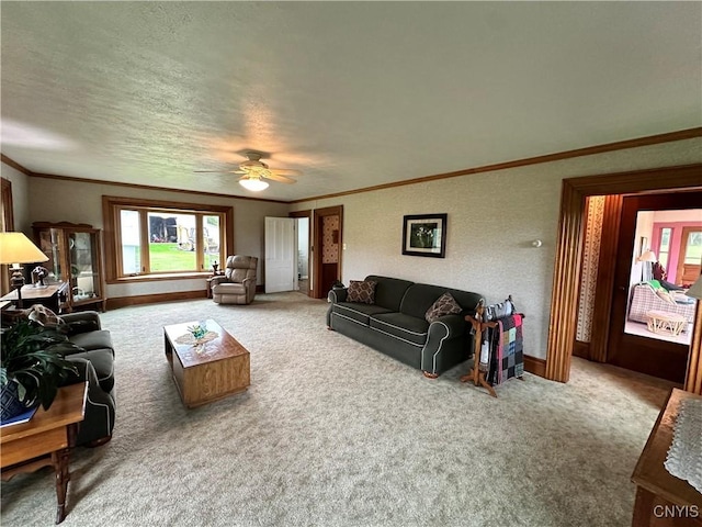 4076 State Highway 37, Morristown, NY 13669 - living area with ornamental molding, carpet flooring, a textured ceiling, and a ceiling fan